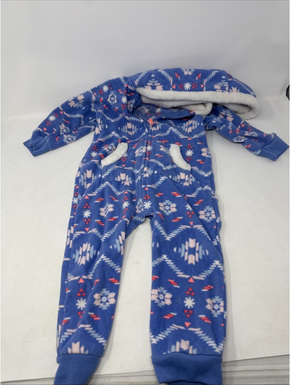 Carters 12 Blue Pink Fair Isle Fleece Hooded Jumpsuit One Piece Pram Zip Up